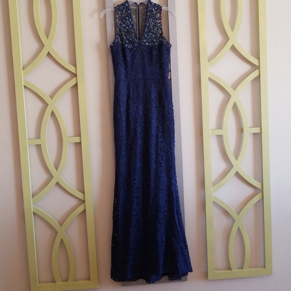 Navy - Lace Floor Length Gown